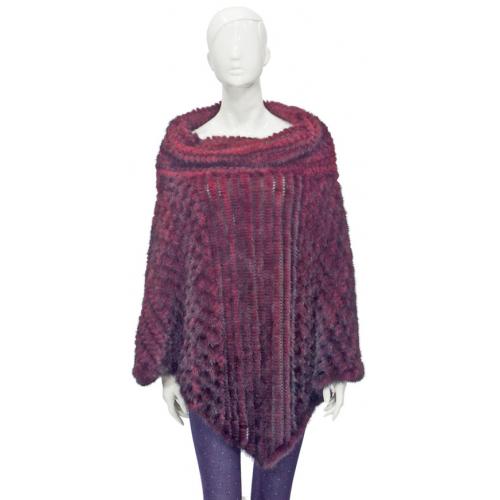 Winter Fur Deep Maroon Knitted Mink Poncho With Shawl Collar